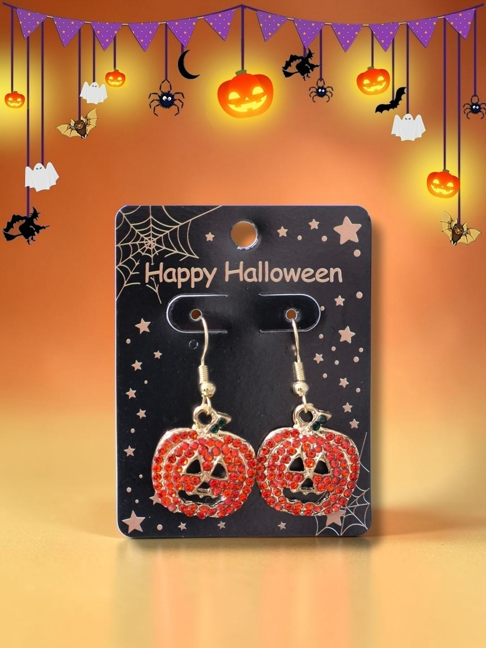 Halloween Jack-O'-Lantern Gold & Crystal Earrings